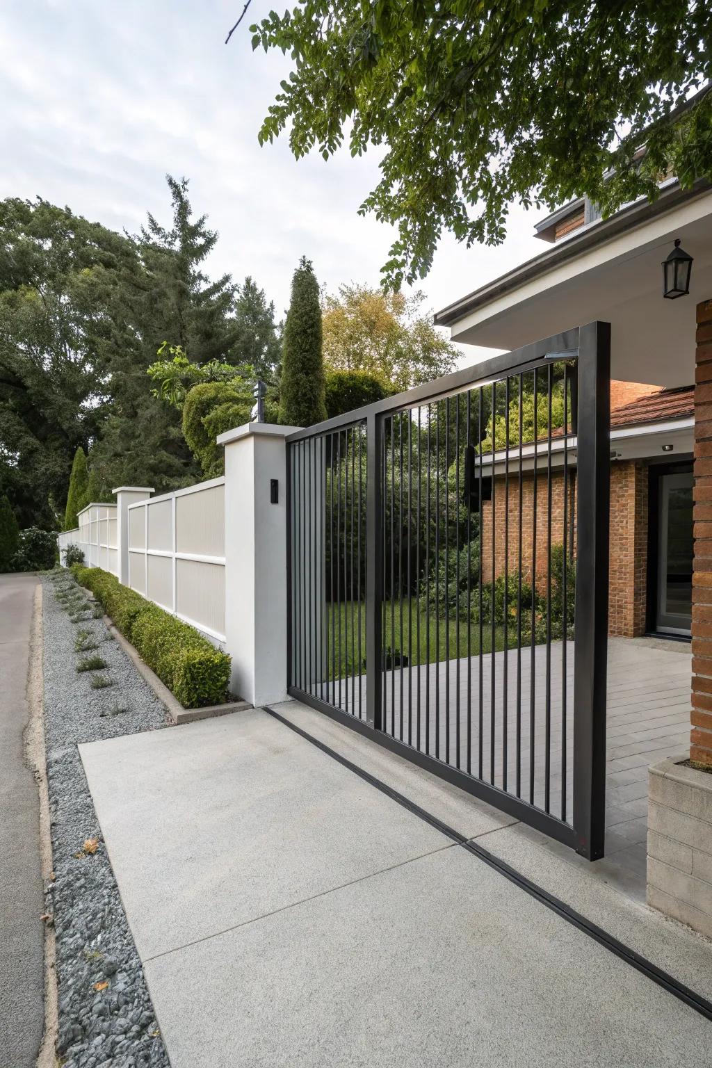 A modern minimalist metal sliding gate adds a sleek look to this driveway.