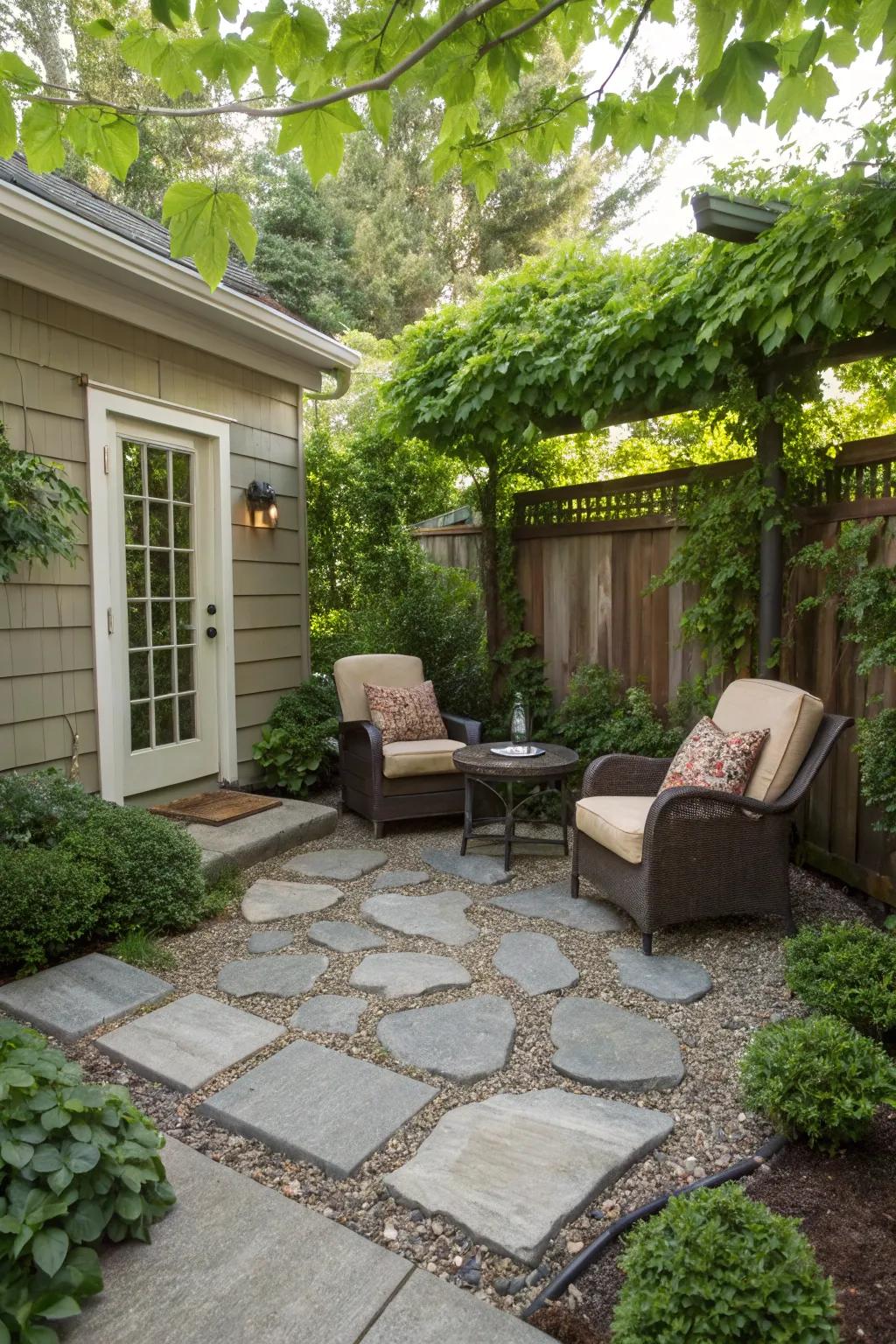 Gravel and stone pavers create a rustic charm in this cozy patio setting.