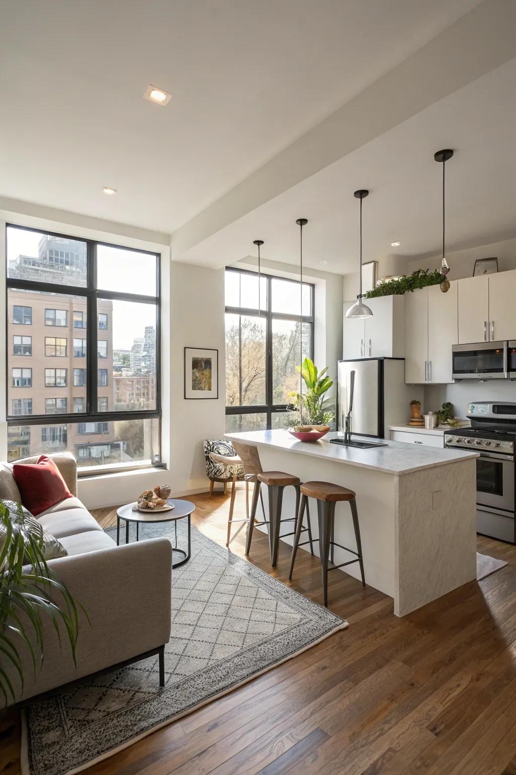 Open-plan kitchen and living area in a small apartment, enhancing light and space.