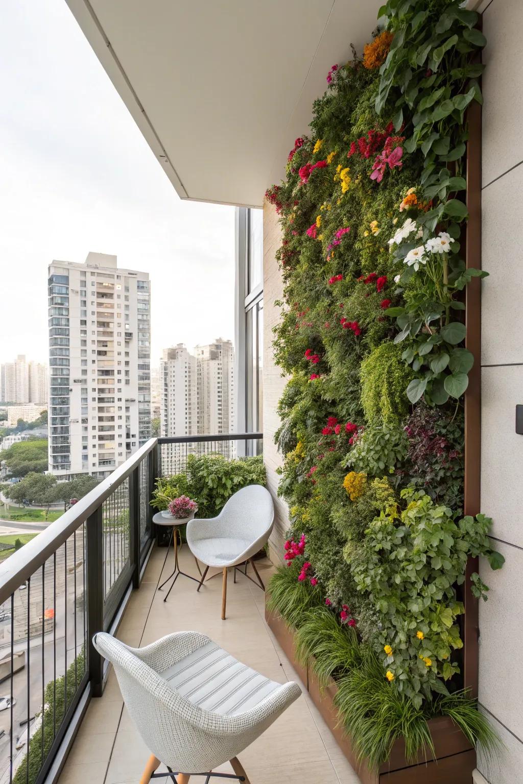 A vertical planter wall adds depth and greenery to your small balcony.