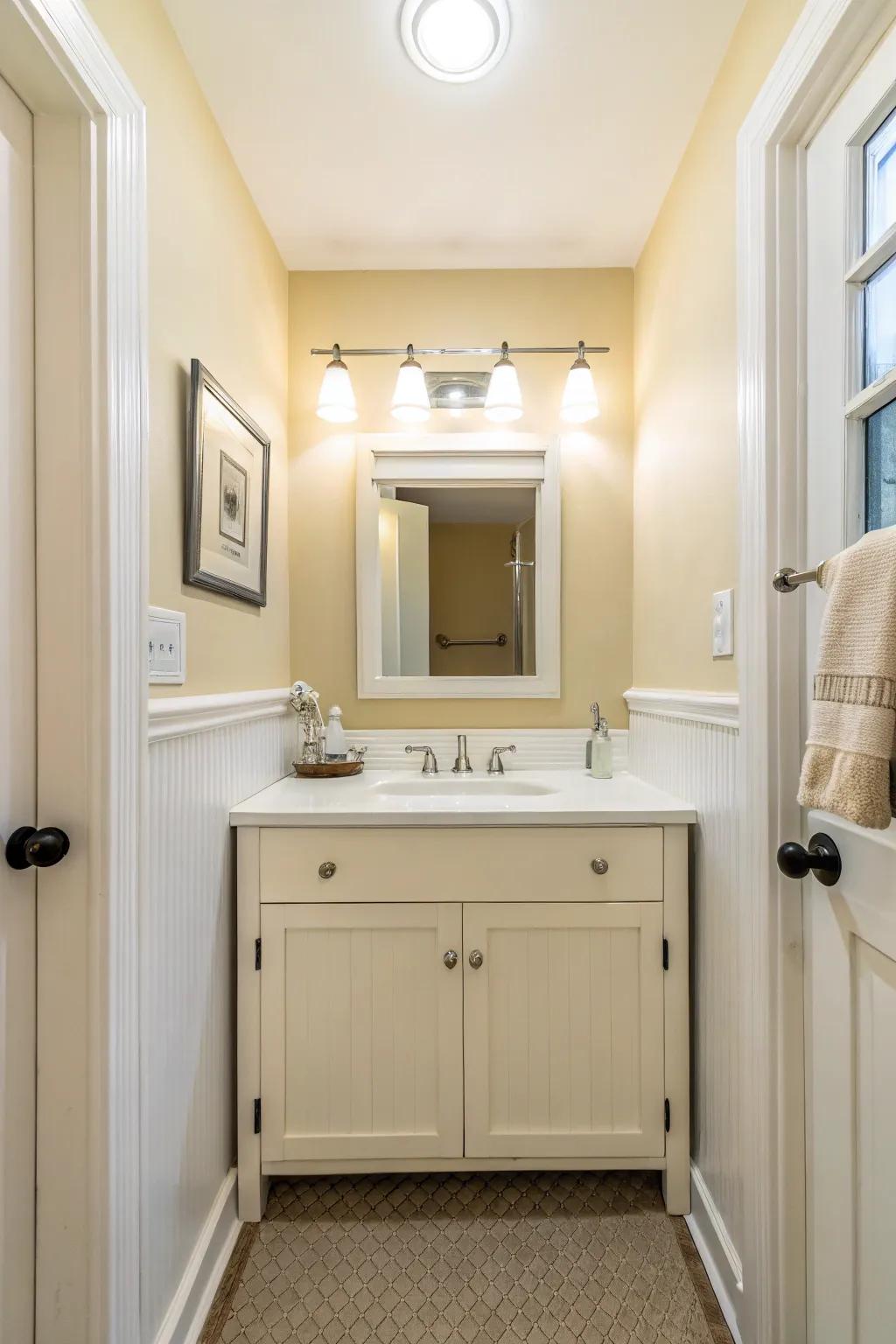 A small bathroom showcases the uplifting effect of light colors.