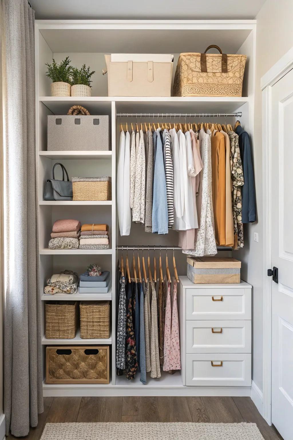 Vertical shelving maximizes storage in a small closet space.