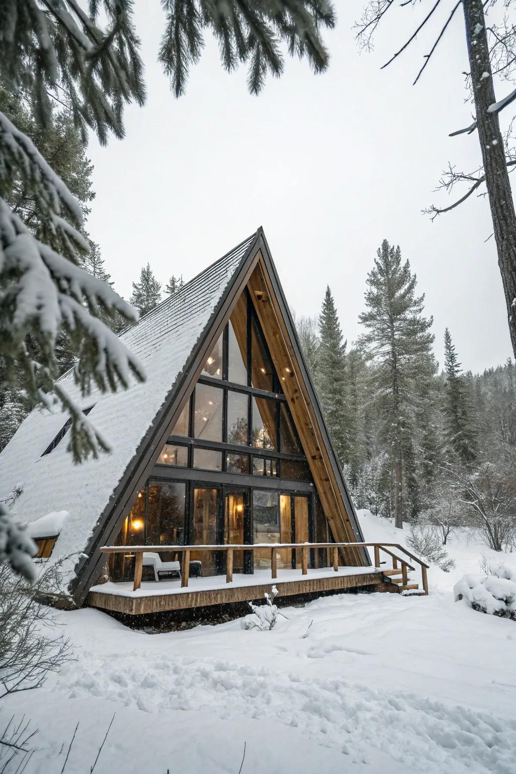 A modern A-frame cabin that beautifully integrates into its natural surroundings.