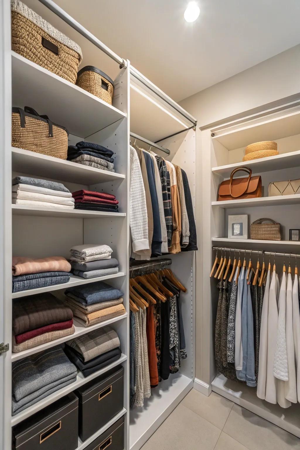 Maximize vertical space in your closet with additional shelves and rods.