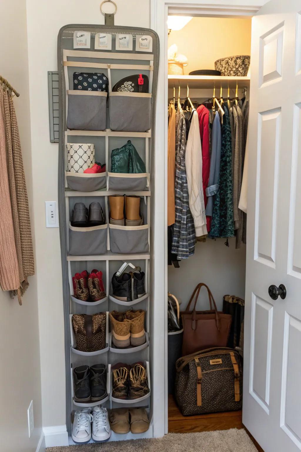 Over-the-door storage maximizes space for shoes and accessories.