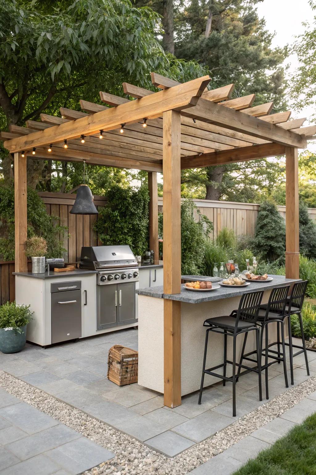 A cozy outdoor kitchen tucked under a rustic pergola.