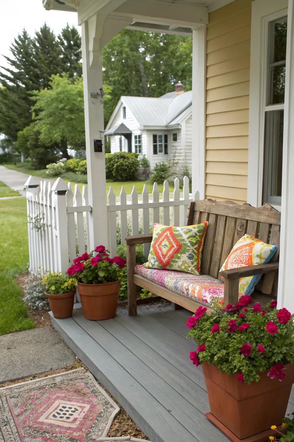 A cozy bench adds a welcoming touch to a small porch.