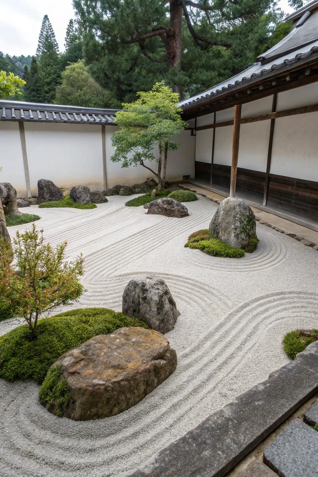 A minimalist sand and stone garden offering tranquility in simplicity.