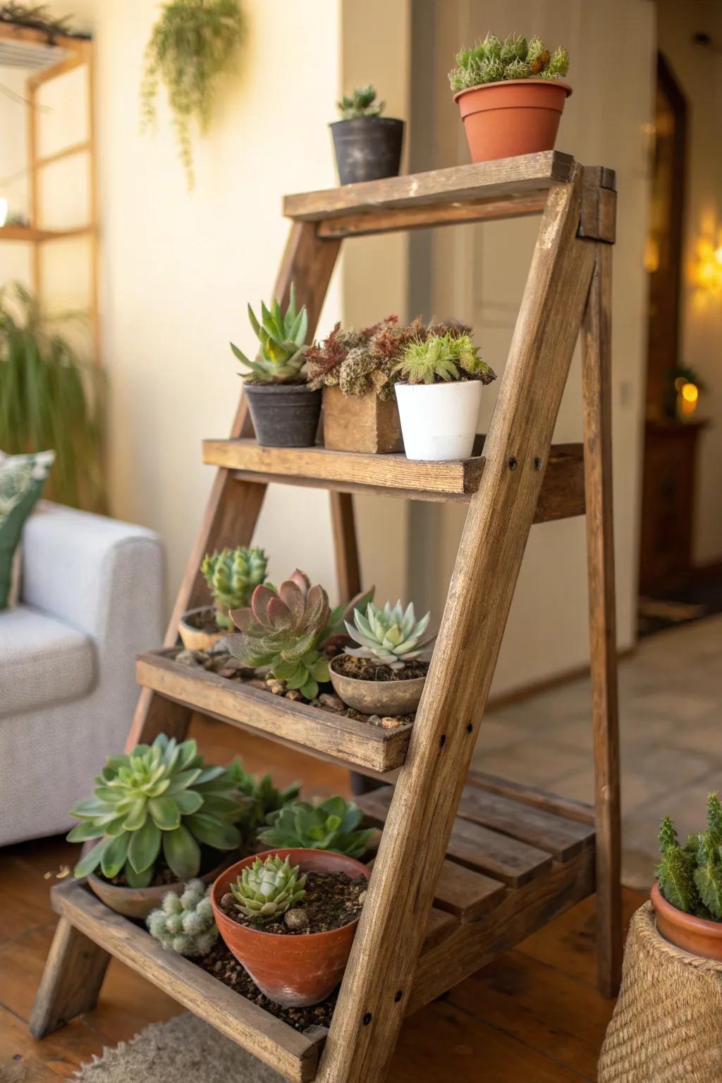 Elevate your space with a handcrafted ladder plant stand, turning any corner into a lush oasis.