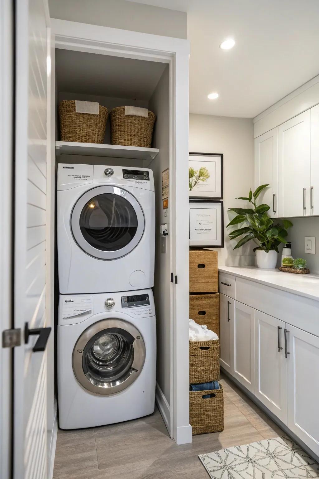 Maximizing vertical space with stacked appliances.