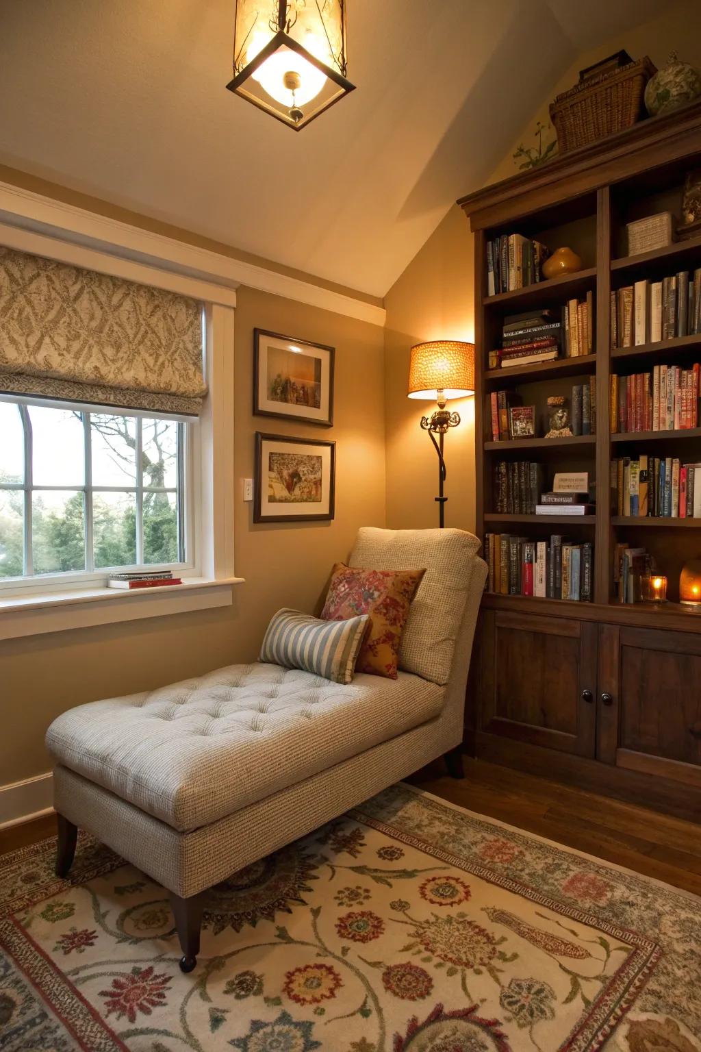 A small living room corner transformed into a cozy reading nook with a chaise lounge.