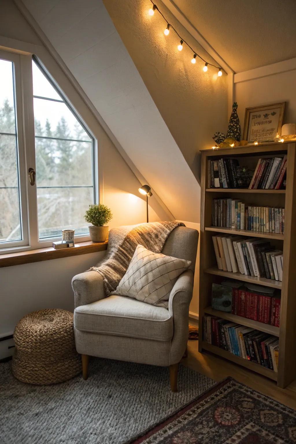 A small loft reading nook with cozy elements for relaxation.