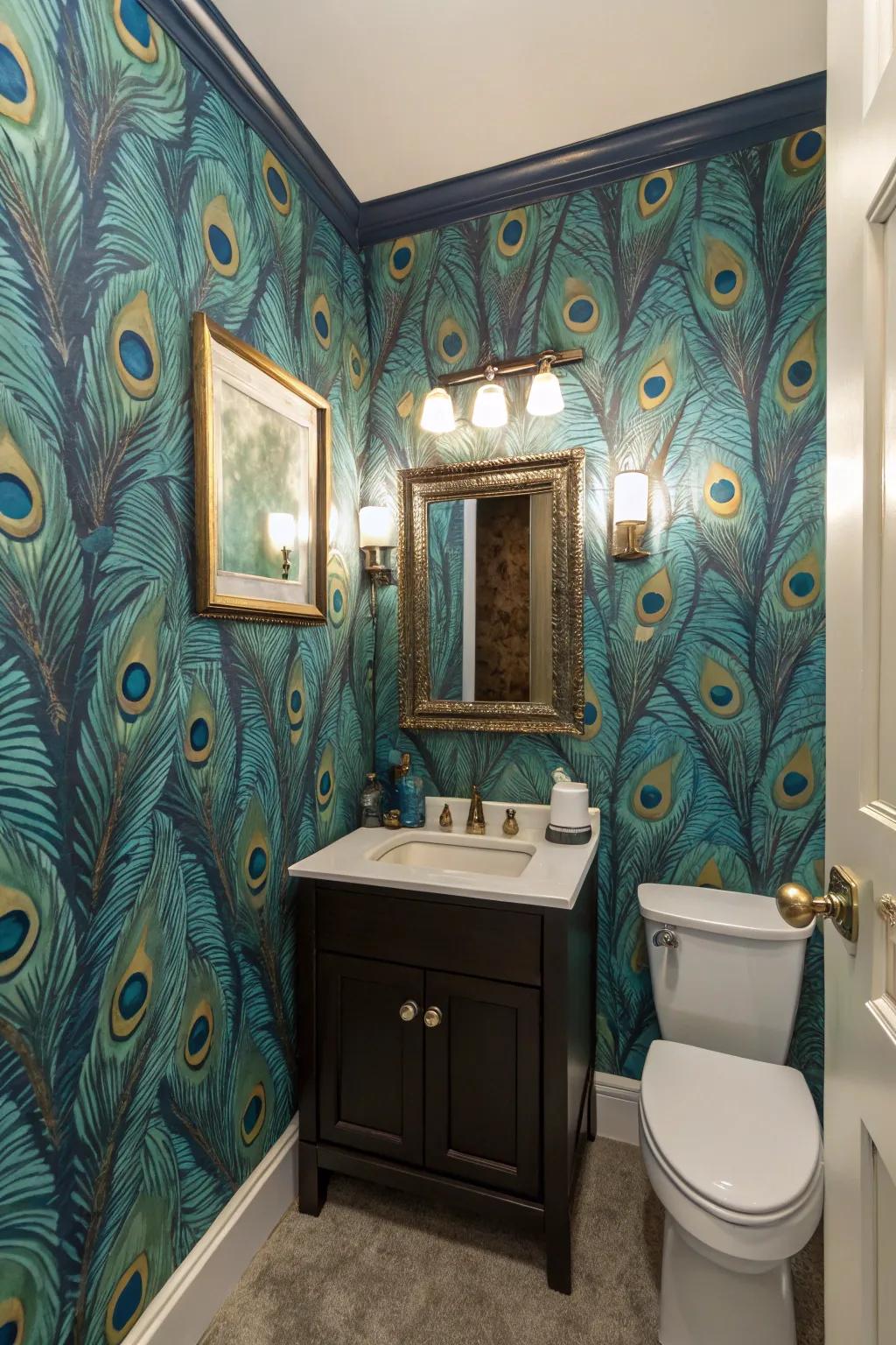 Bold wallpaper can transform a small powder room into a statement area.