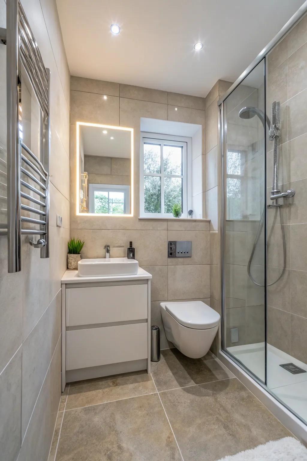 A small wet room with waterproof tiles and a seamless design.