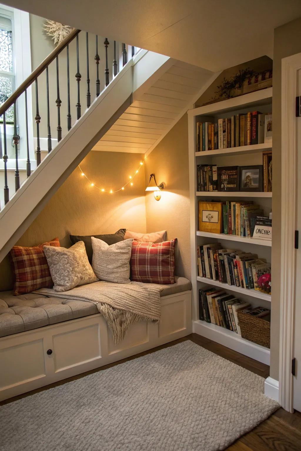 A snug reading nook under the stairs invites little bookworms.