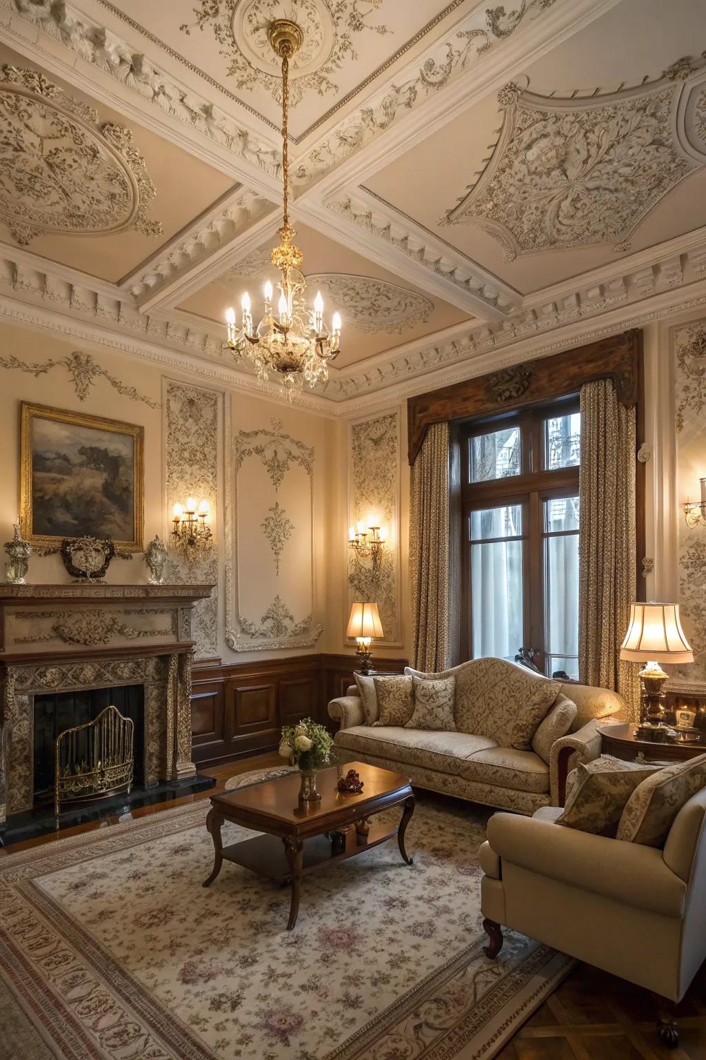 Intricate molding adds depth and sophistication to a Victorian living room.