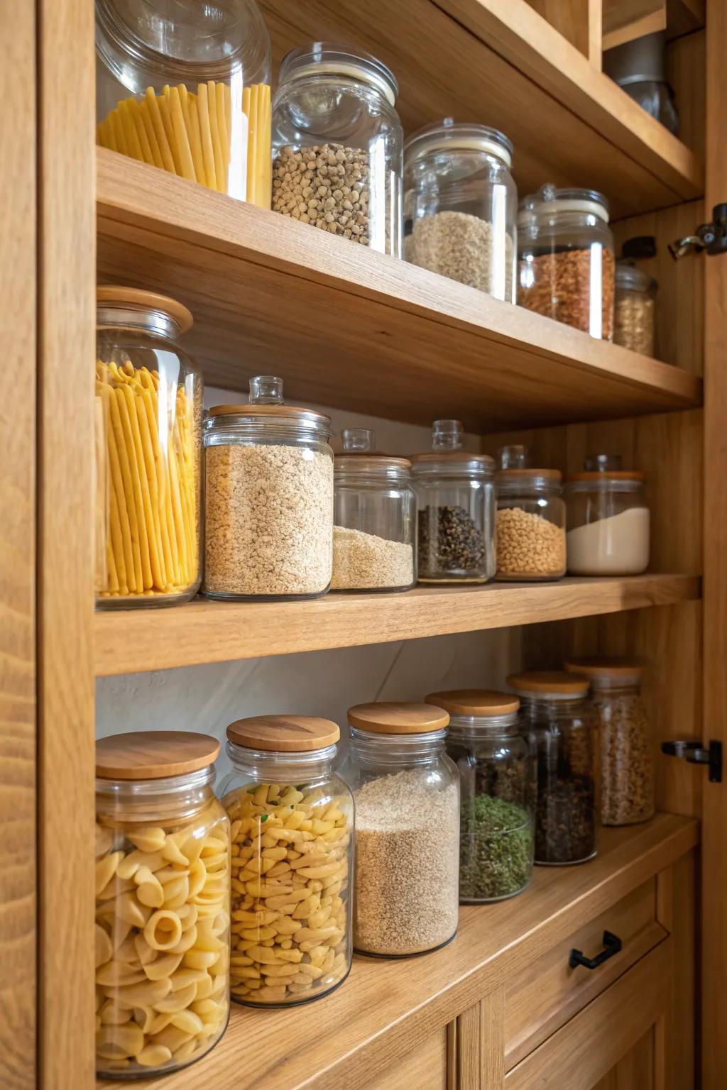 Open shelving in the pantry with glass jars and accessible items.