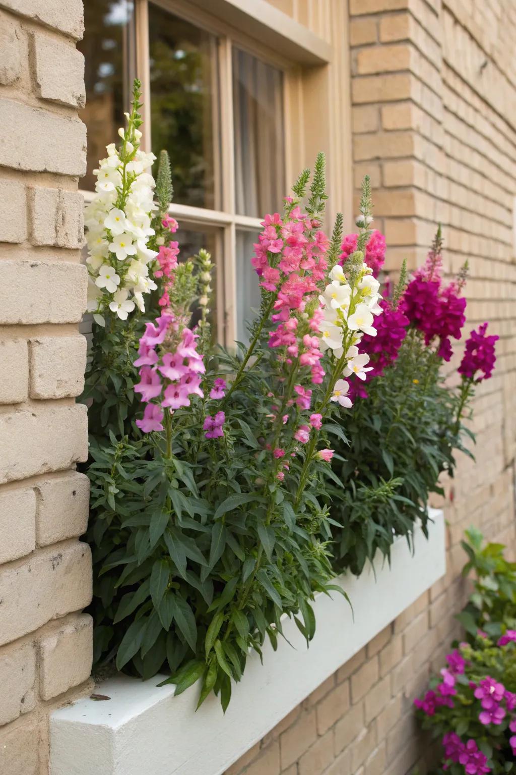 Vibrant snapdragons spilling over a window box add charm to any facade.