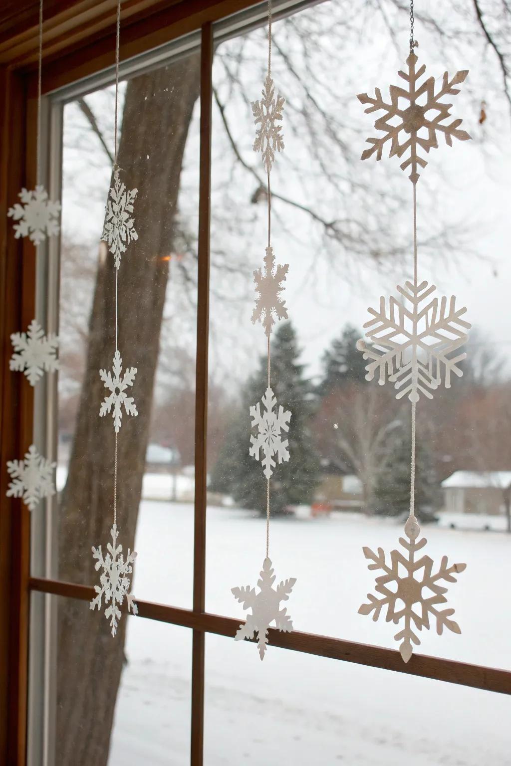 Paper straw snowflakes add a whimsical touch to your windows, perfect for a cozy winter atmosphere.