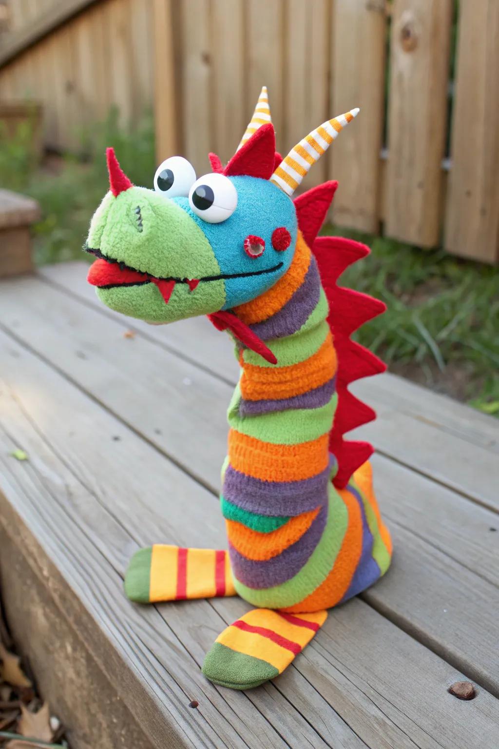 A fierce and friendly dragon sock puppet, ready to entertain!