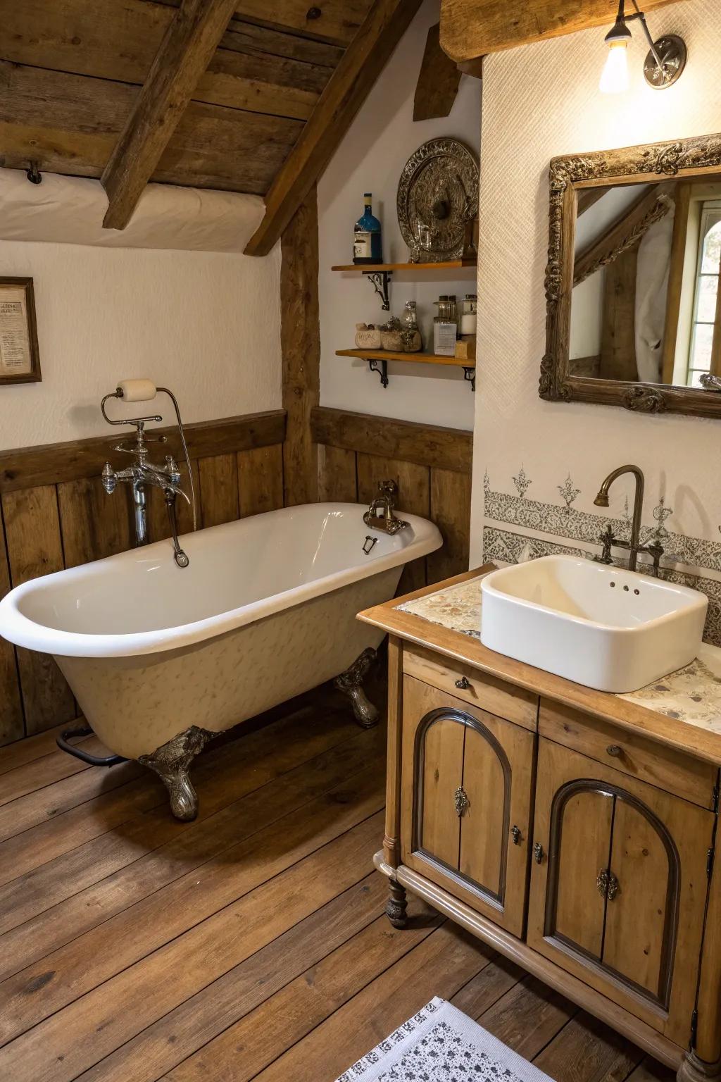 A bathroom featuring vintage fixtures and rustic charm.