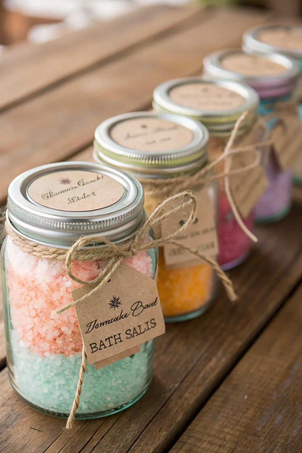 Beautifully crafted DIY bath salts make for a soothing spa favor.