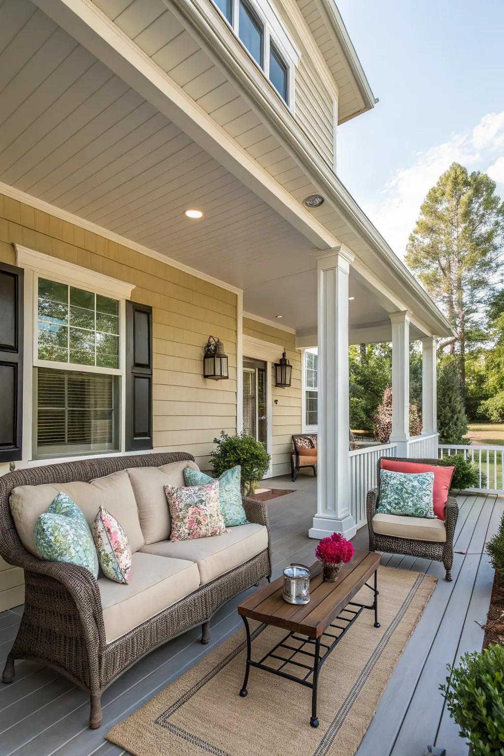 A cozy seating area transforms this split foyer porch into a perfect relaxation nook.