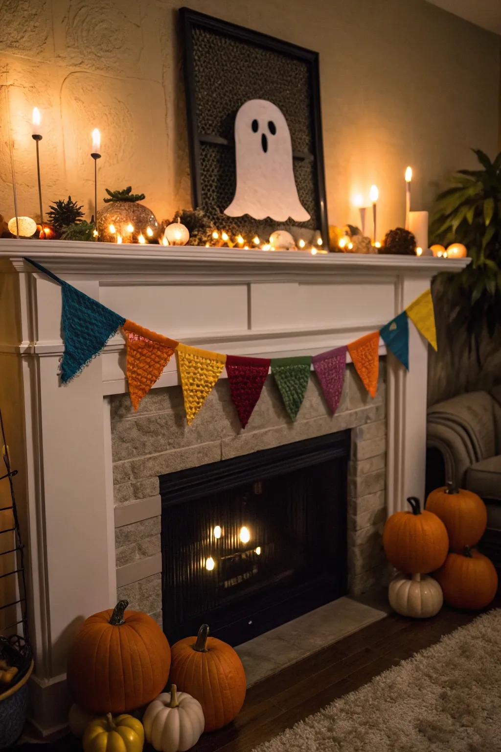 A yarn ghost banner adds a playful Halloween touch to any space.