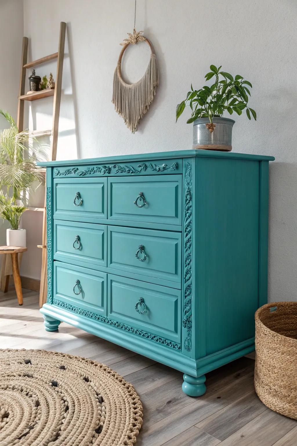Transform your space with a bold and beautiful turquoise dresser that steals the show!