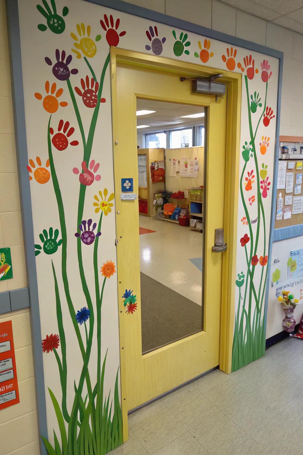 A preschool door adorned with a vibrant handprint flower garden.