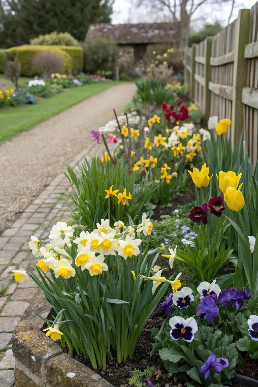 A charming cottage garden style with a mix of daffodils, tulips, and pansies.