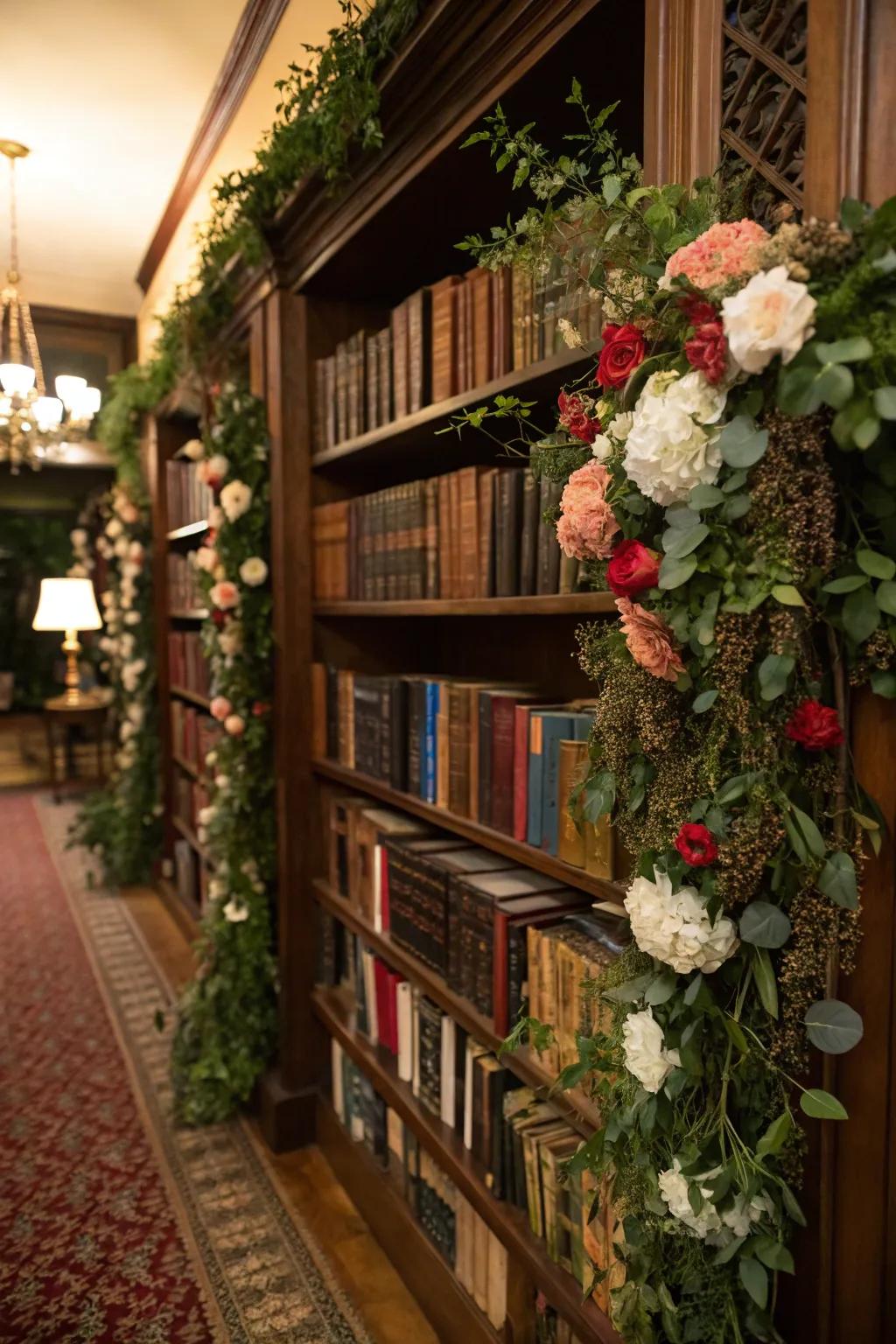 A library book nook transformed into a blooming garden with silk flowers.