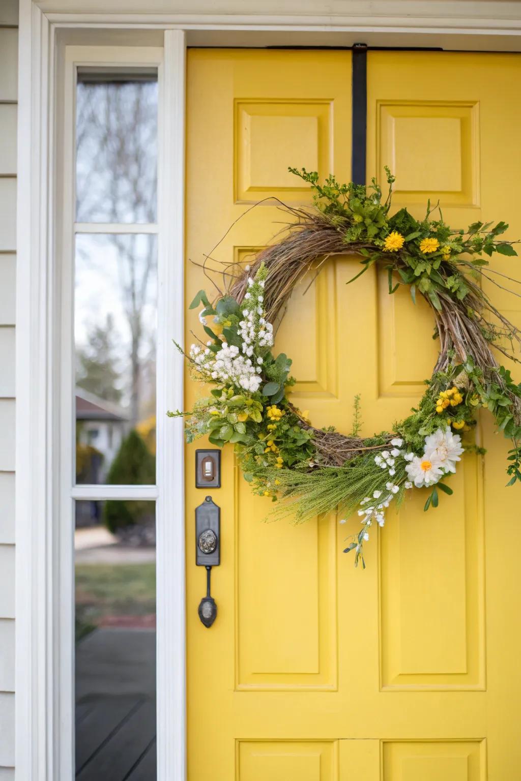 A vibrant yellow door setting the tone for a cheerful spring.