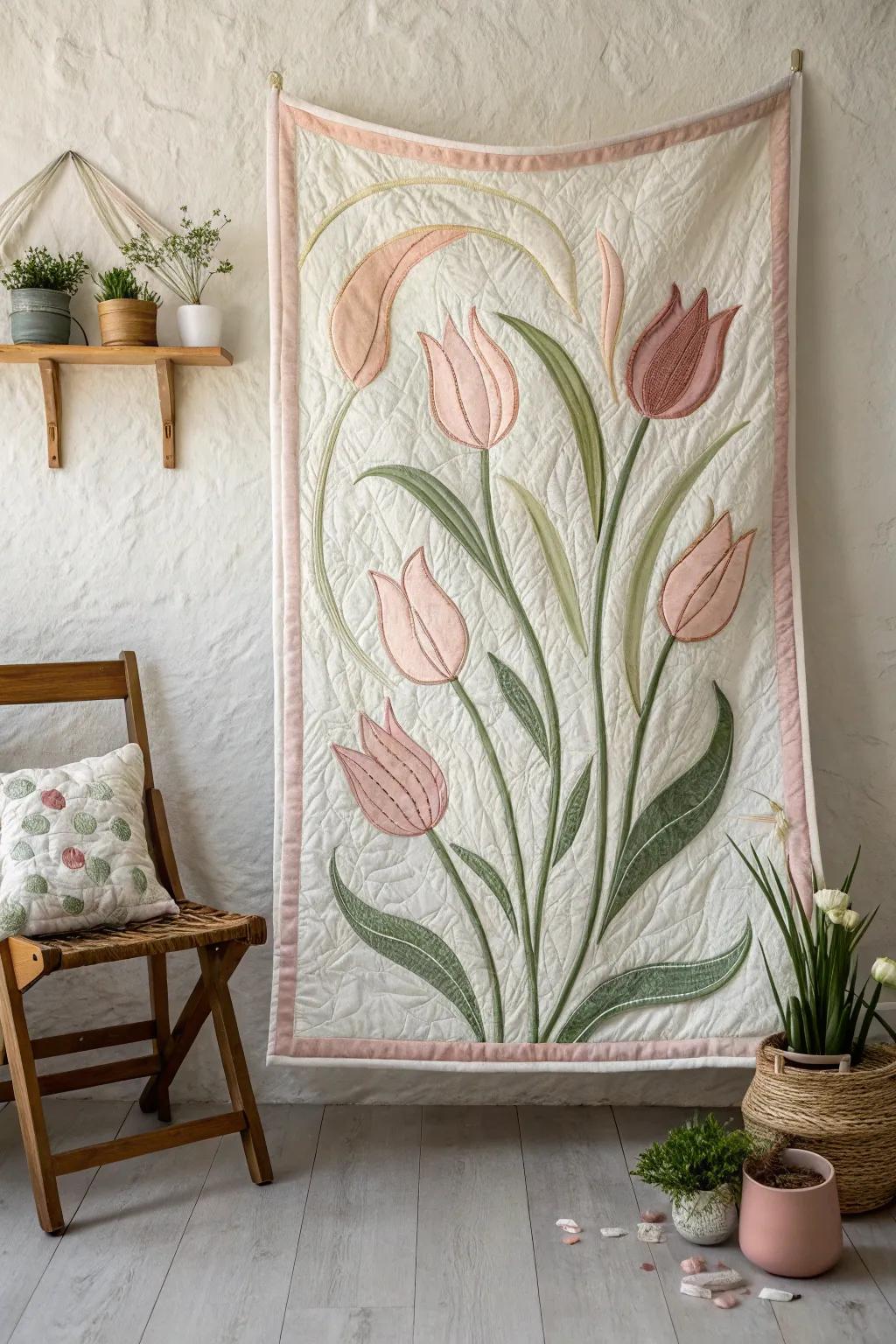 Embrace the elegance of spring with this tulip-inspired quilt, a perfect blend of minimalist charm and boho beauty.