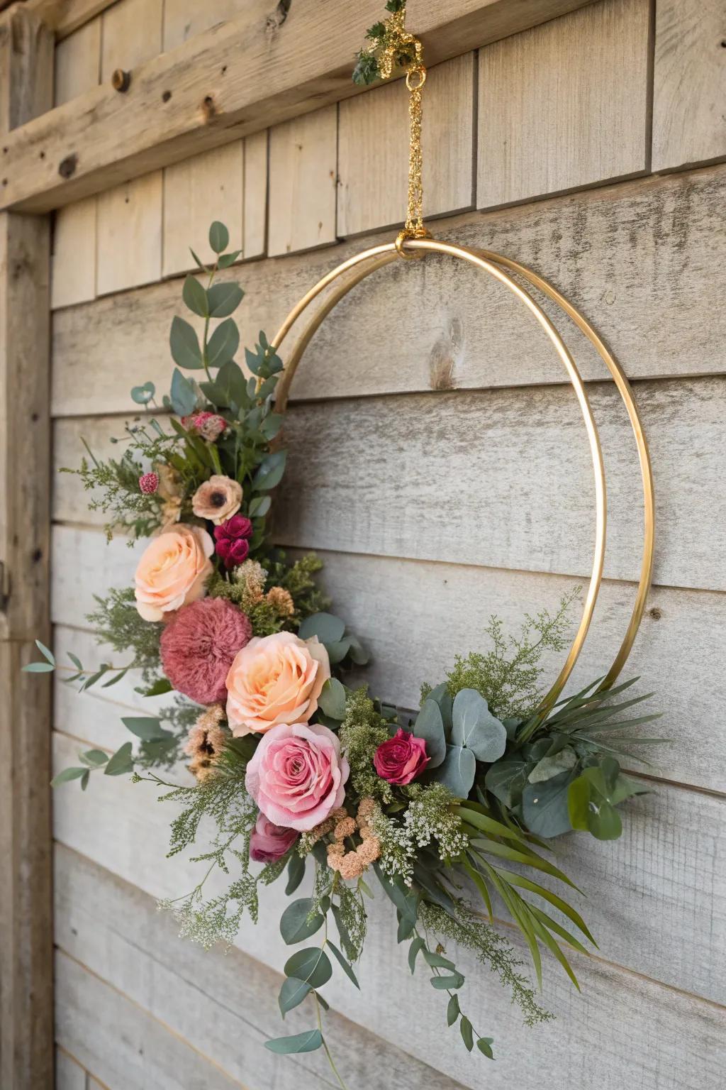 A chic floral hoop wreath with a touch of gold adds elegance to any spring decor.