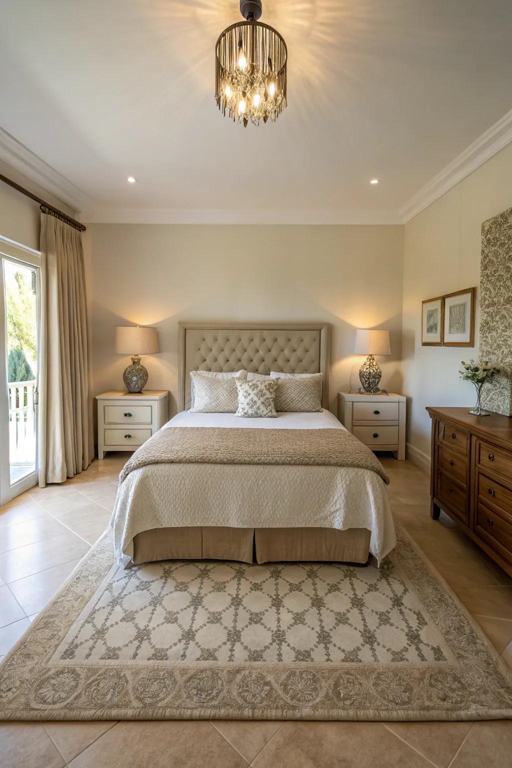 A centered bed creates a natural focal point in a square bedroom.