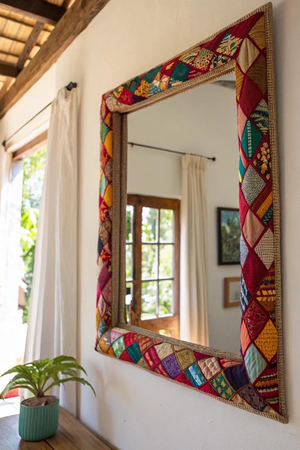 Add a splash of color with a fabric-wrapped mirror.