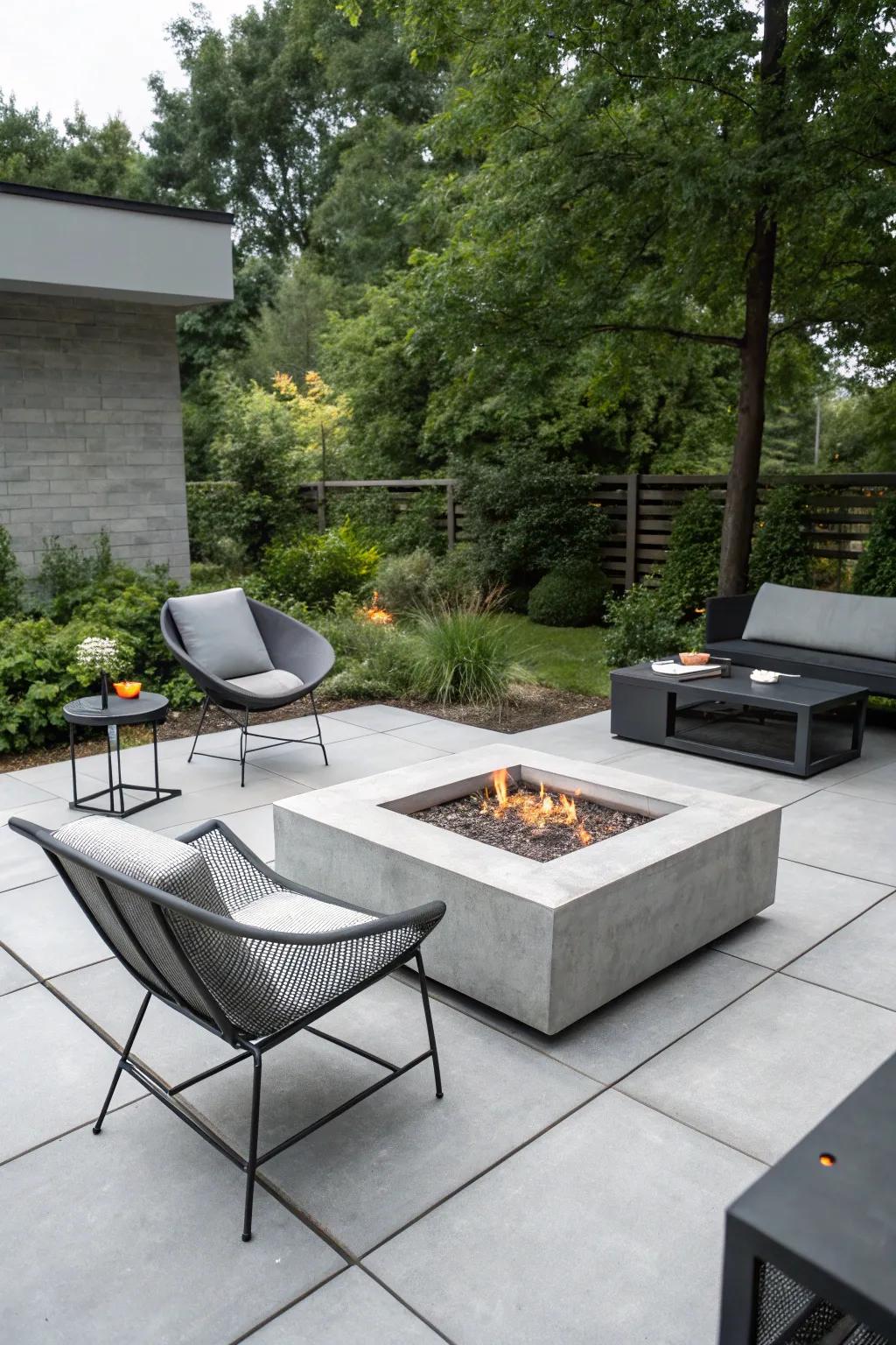 A modern square patio featuring a sleek concrete fire pit.