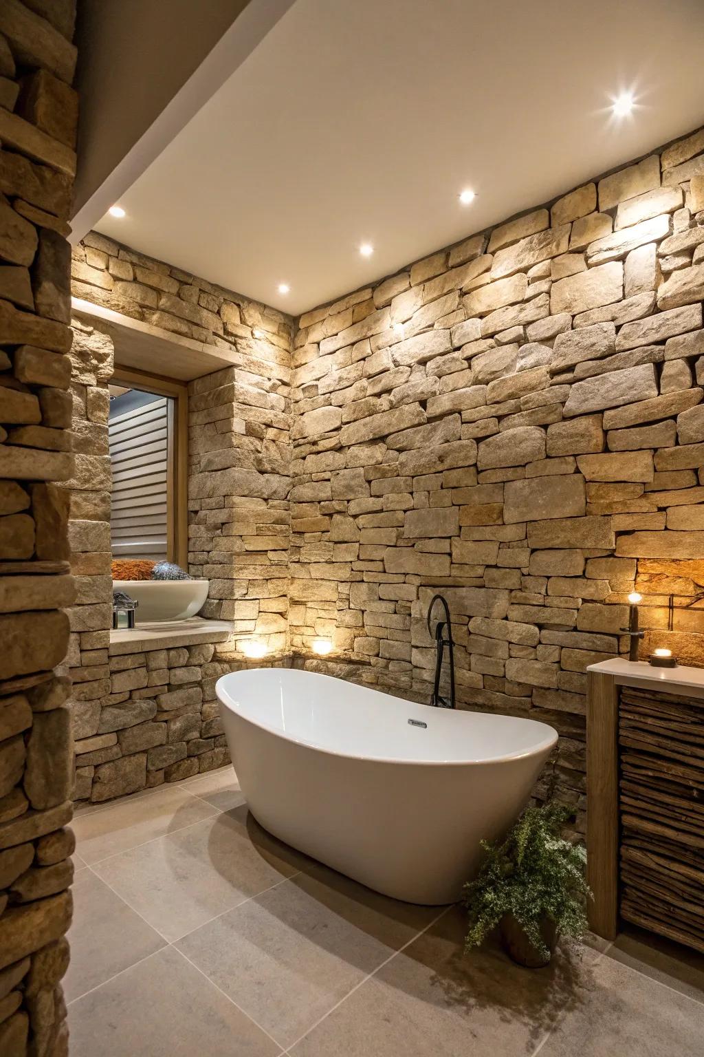 Create a spa-like retreat with stacked stone and ambient lighting.