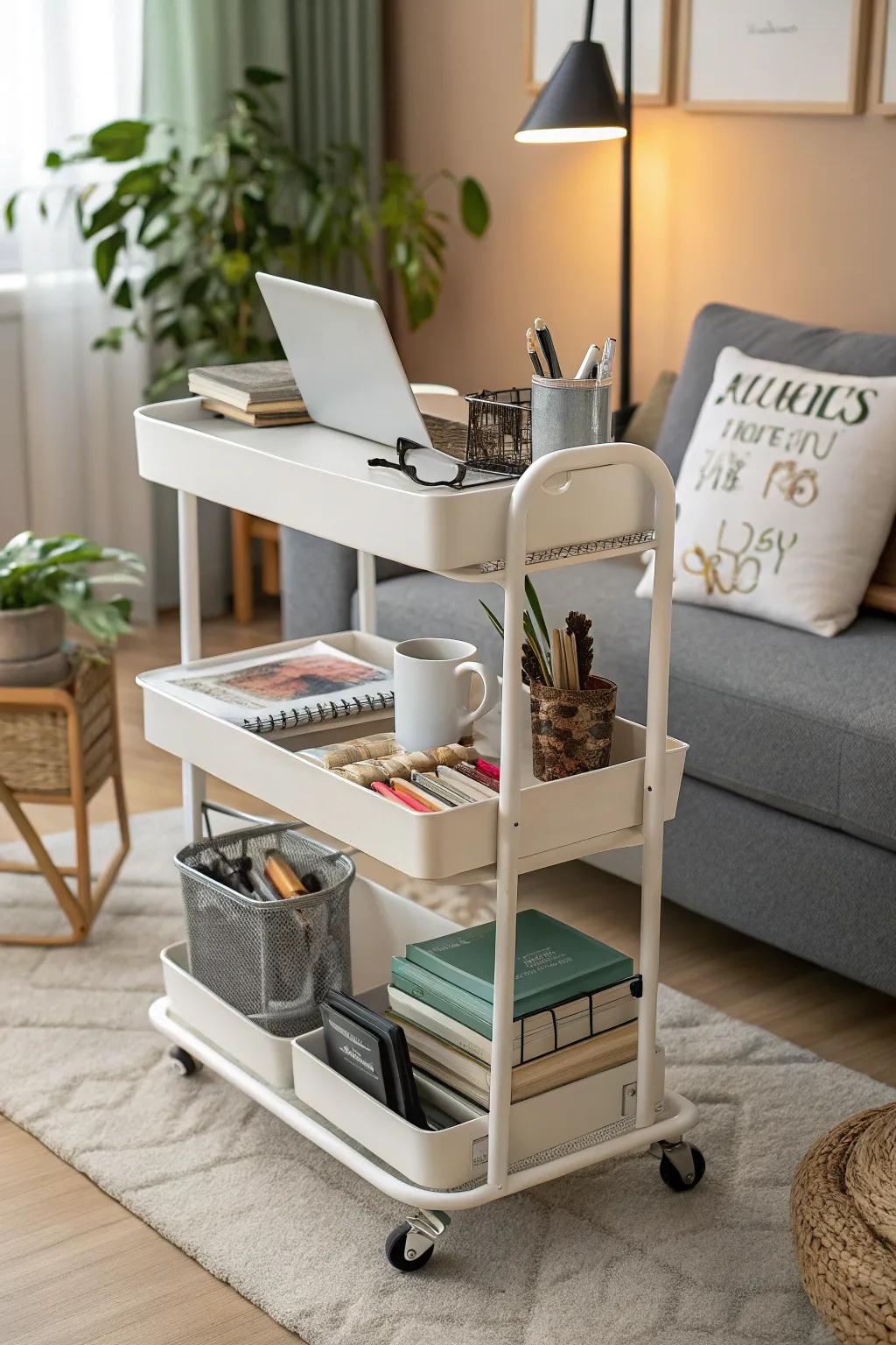 A rolling cart tucks neatly under a standing desk, offering ample storage.