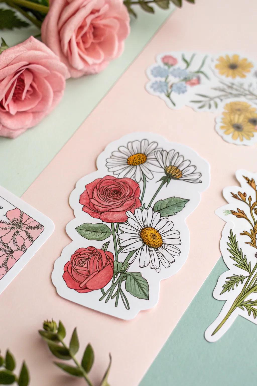 Hand-drawn floral stickers in vibrant colors.