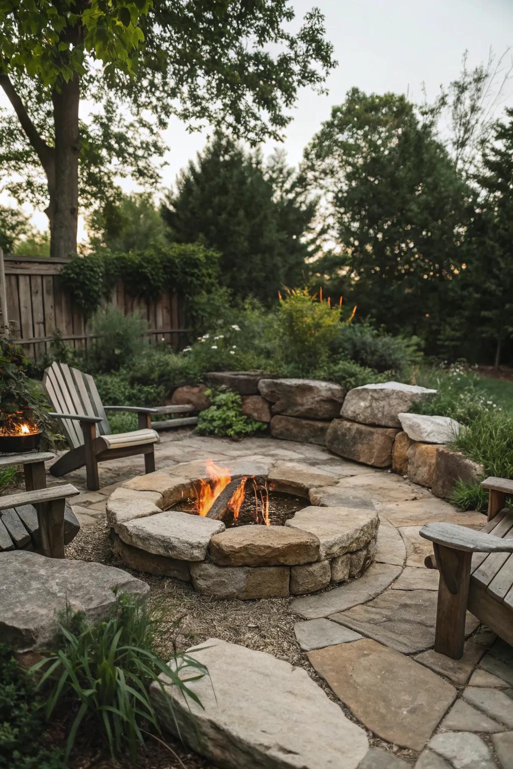 Rustic boulder fire pit offering a natural gathering spot.