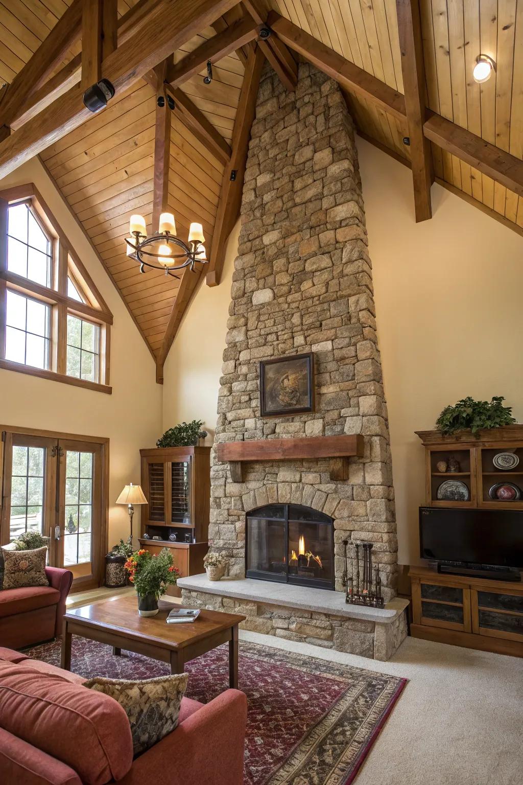 A floor-to-ceiling stone fireplace adds height and rustic charm to this living room.