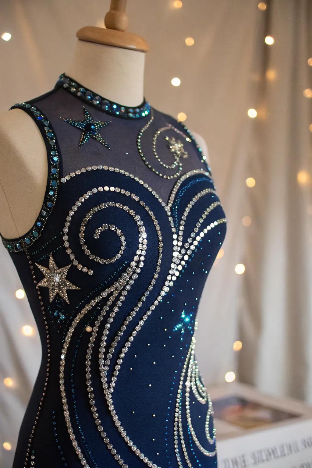 Unleash your cosmic charm with a galaxy-inspired rhinestone dance costume, where simplicity meets celestial elegance. 🌌✨