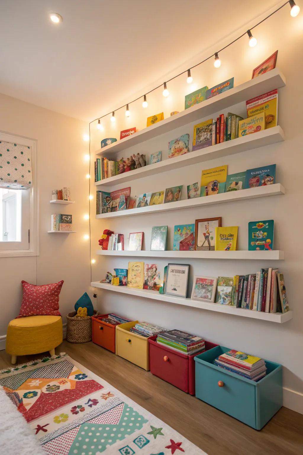 Wall-mounted shelves in a toddler's room keep the floor space open and accessible.