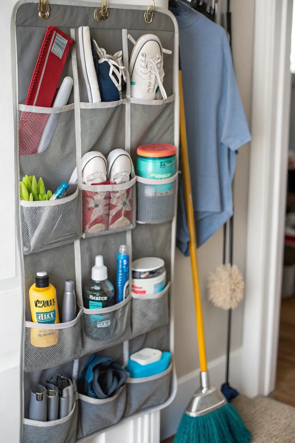 Over-the-door organizer keeping essentials within reach.