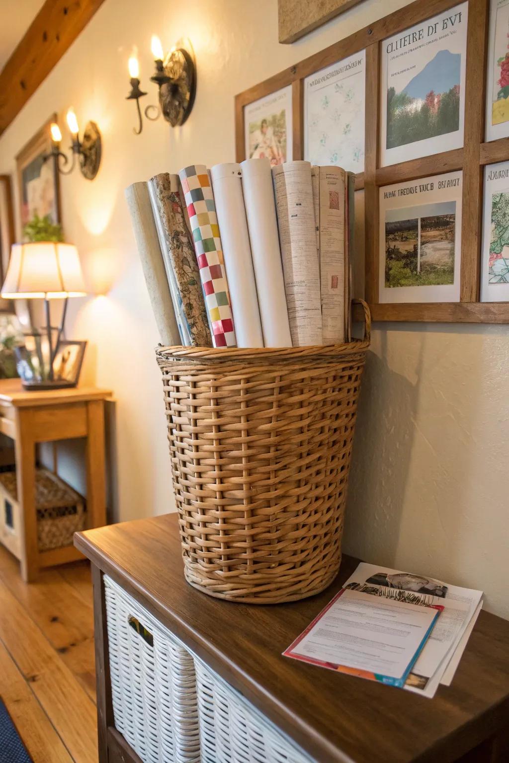 Rolled bulletin board borders stored in a chic wicker basket.