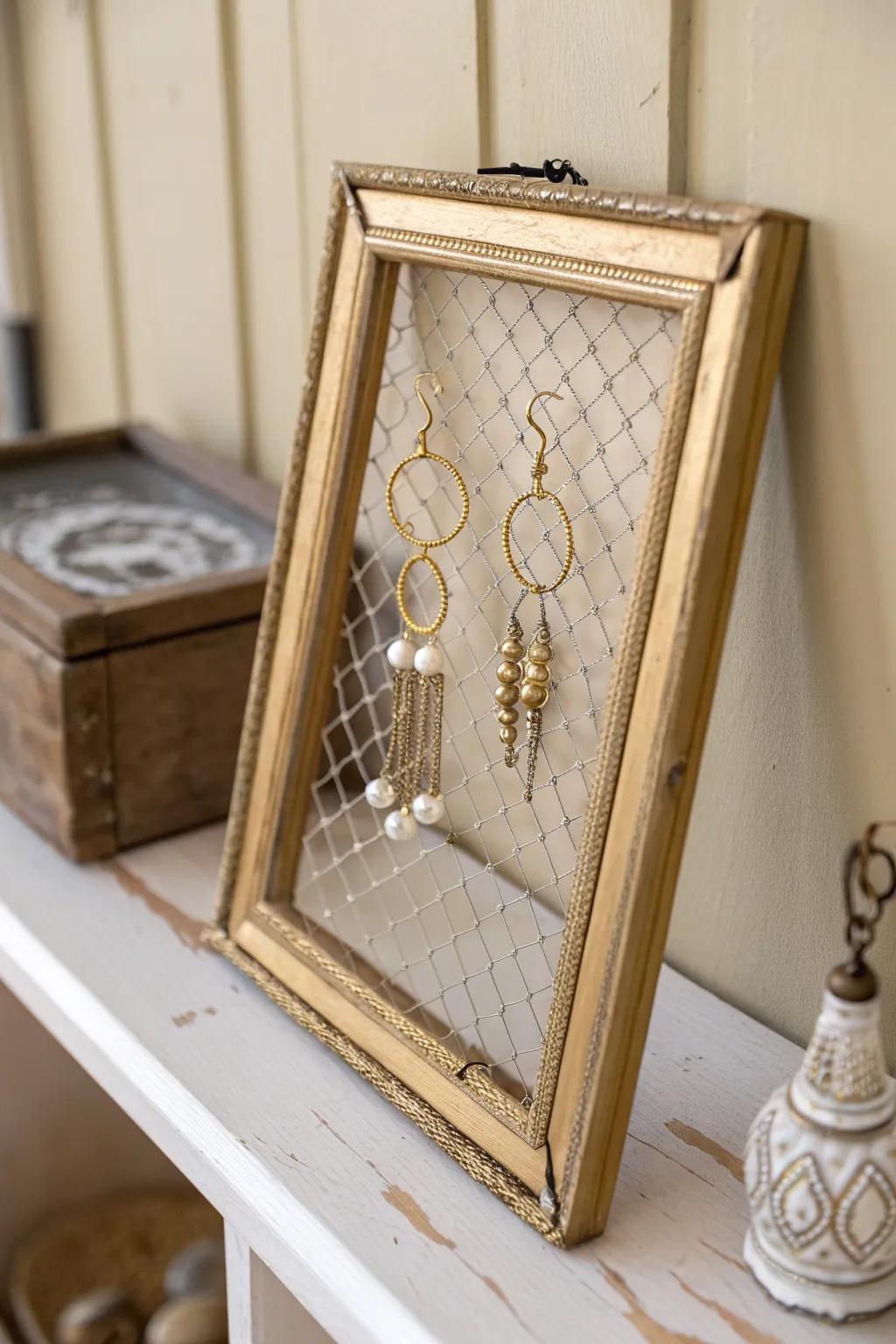 Turn your earrings into art with this chic framed mesh display!