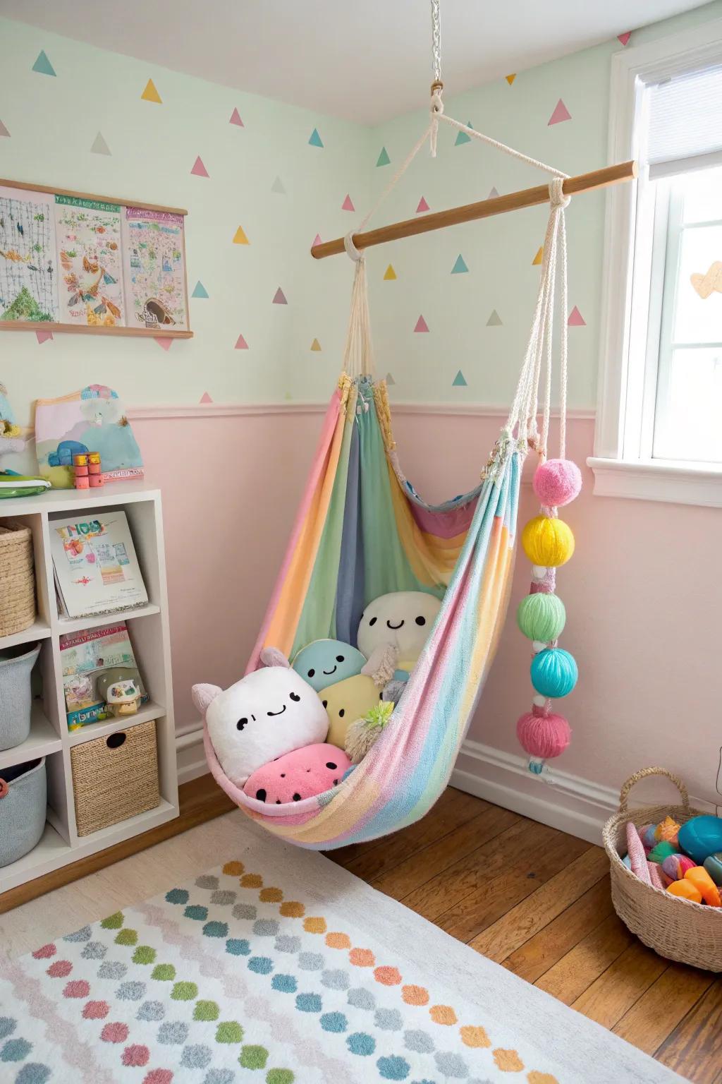 A hanging hammock filled with Squishmallows adds a whimsical touch to a child's room.