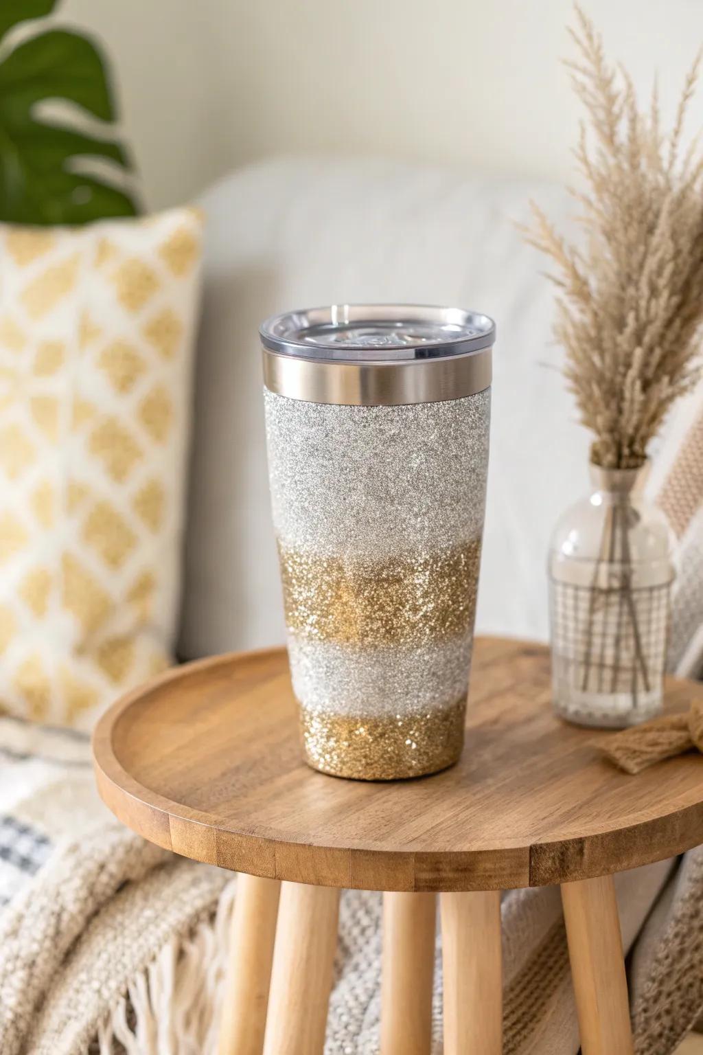 Add a touch of sparkle to your minimalist decor with this stunning glitter tumbler.